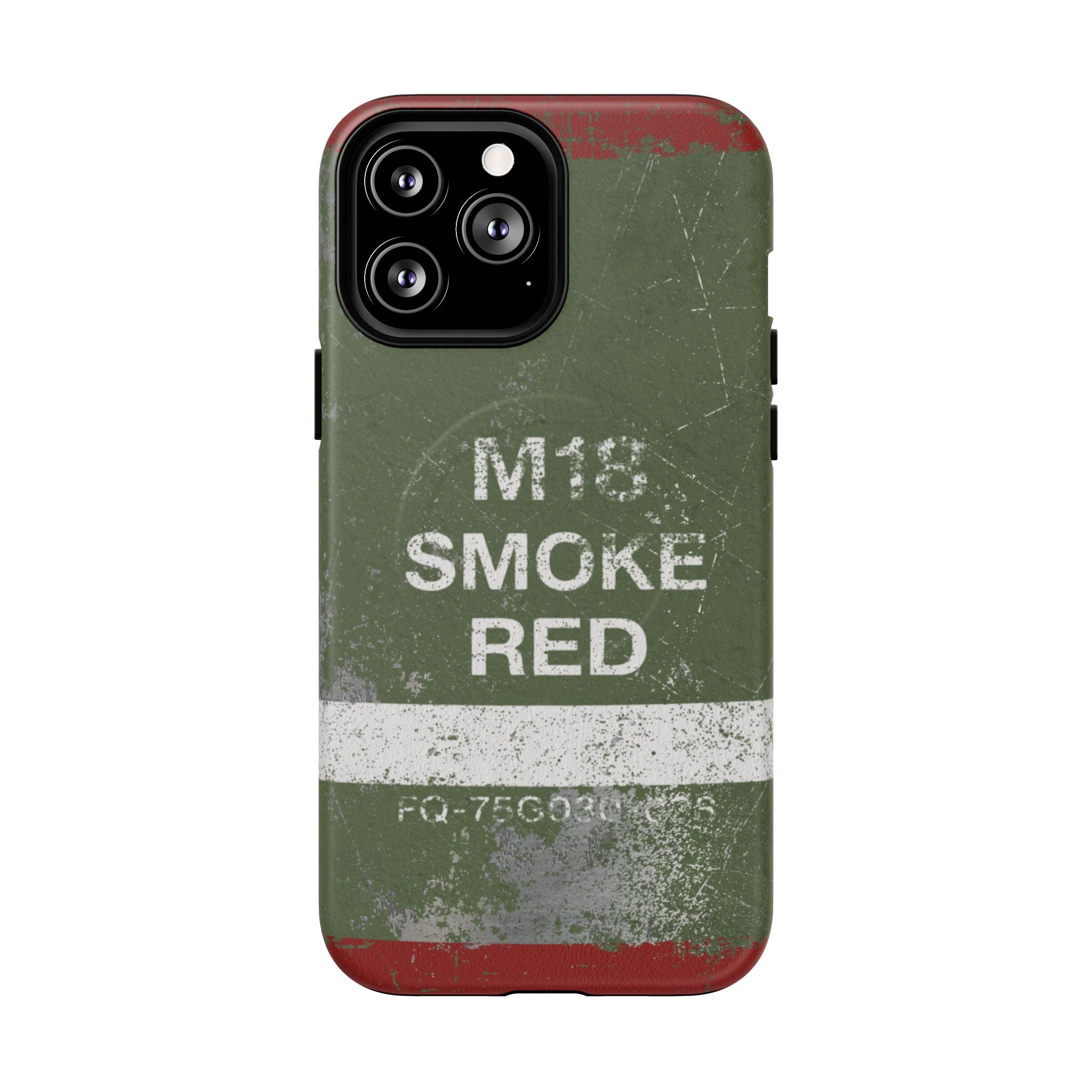 MagSafe® Compatible Distressed M18 Smoke Red Magnetic Phone Case — Military Green Weathered Design