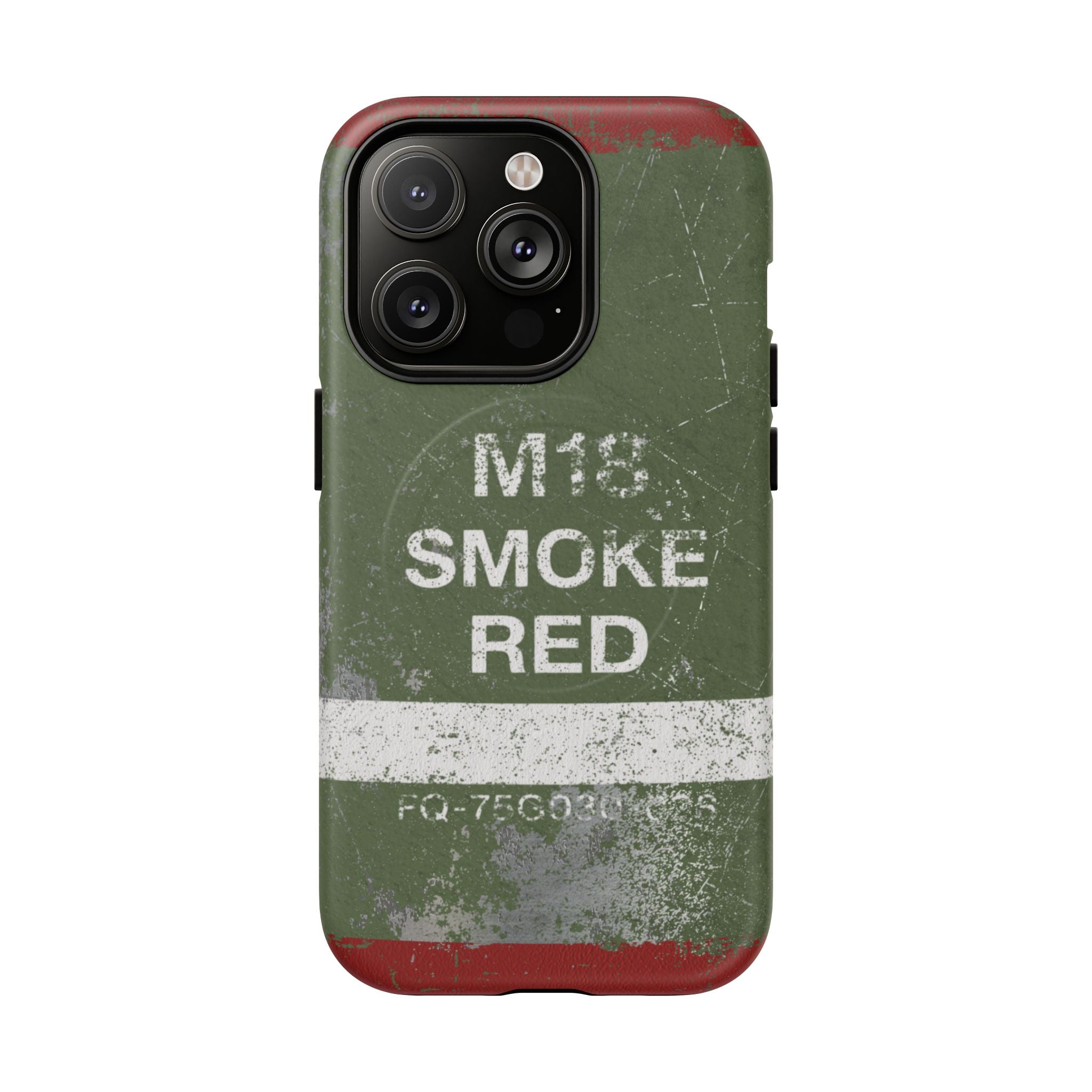 MagSafe® Compatible Distressed M18 Smoke Red Magnetic Phone Case — Military Green Weathered Design