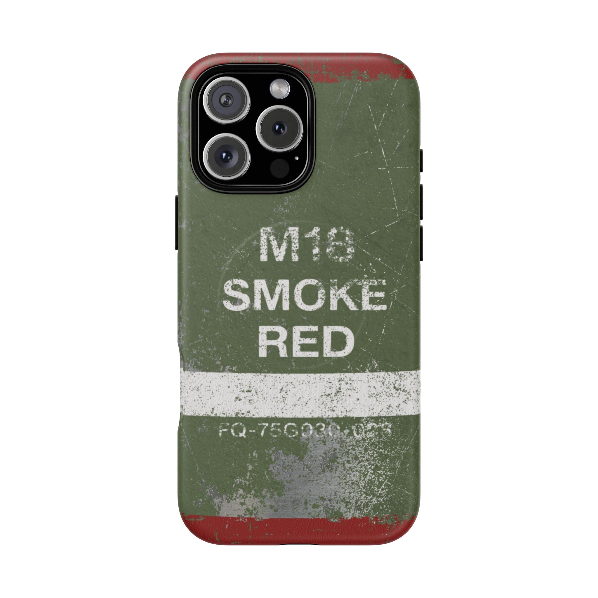 MagSafe® Compatible Distressed M18 Smoke Red Magnetic Phone Case — Military Green Weathered Design