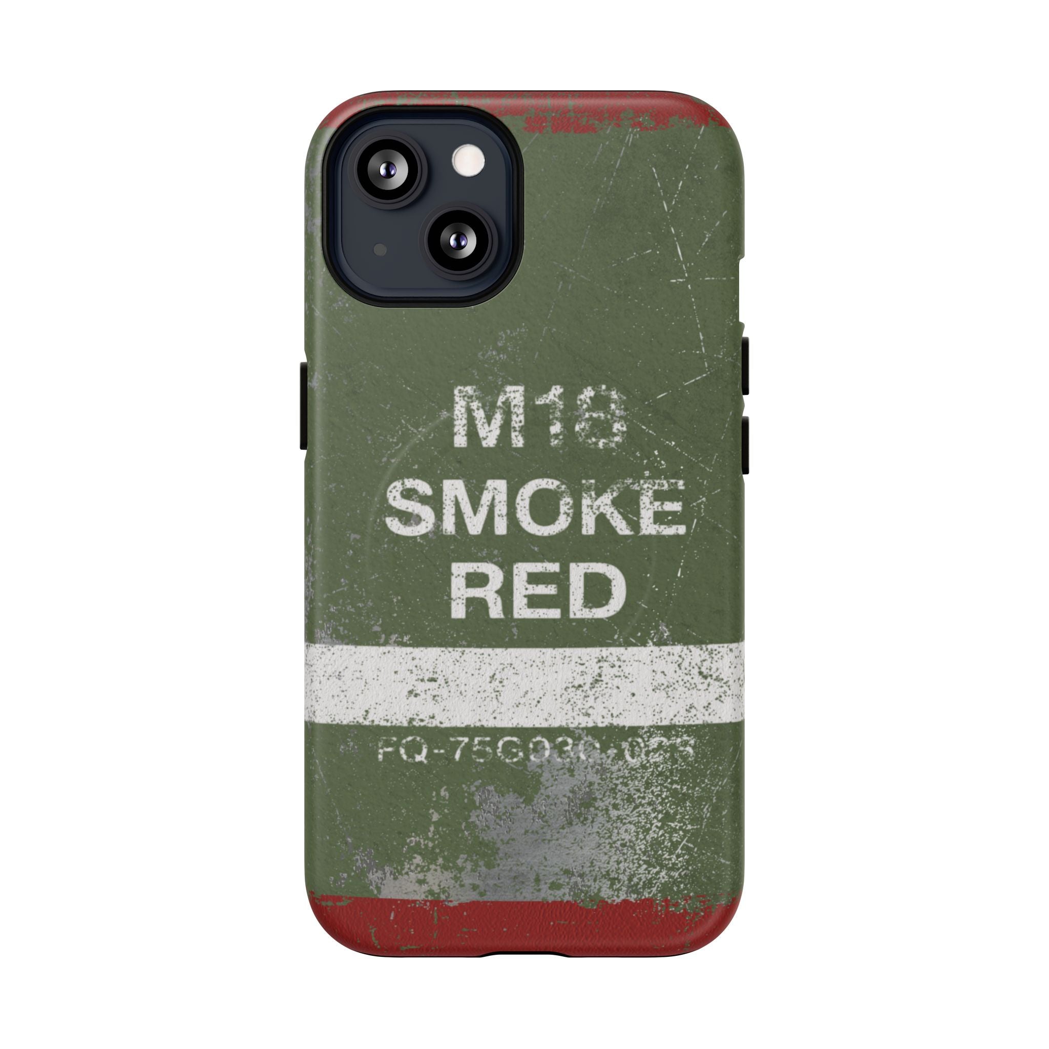 MagSafe® Compatible Distressed M18 Smoke Red Magnetic Phone Case — Military Green Weathered Design